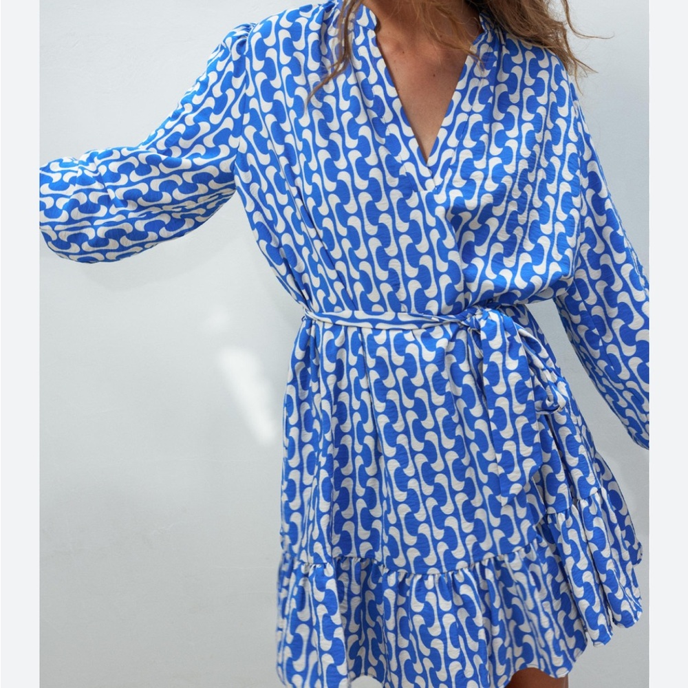 Zara Blue and White Long Sleeve Sundress